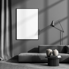 Poster in the dark grey living room with curtain and sofa