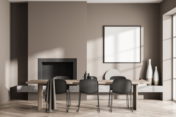 Living room interior with white empty poster, six chairs
