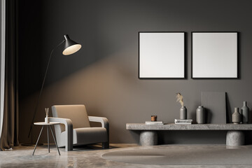 View of armchair in dark grey living room with two square posters