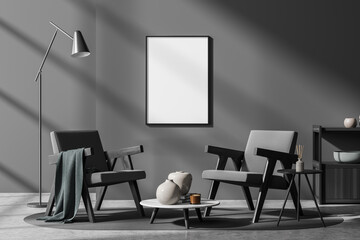 Dark living room interior with white empty poster