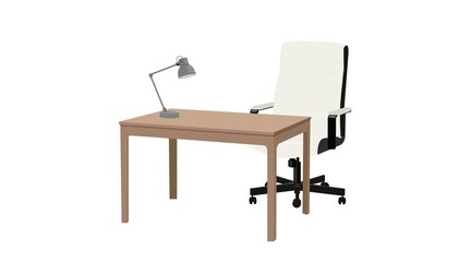 Desk icon. Vector editable isolated illustration of a wooden table with Swivel chair  and desk lamp