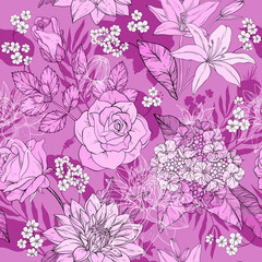 Pink monochrome hand draw seamless pattern with elegant flowers, blossoming floral elements