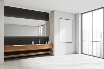 Poster in stylish grey bathroom with on trend vanity. Corner view.