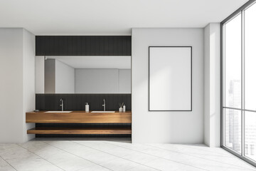 Fototapeta na wymiar Poster in a white and black bathroom with a wooden shelf vanity