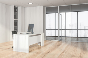 Corner view on bright office room interior with panoramic window