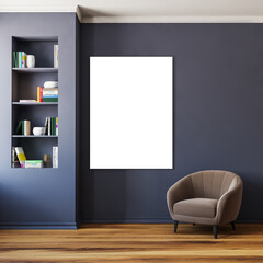 Living room interior with white empty poster on blue wall