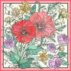 Foto op Plexiglas anti-reflex Vintage floral design. Illustration with red Poppies and roses, summer flowers. Floral design. © acnaleksy