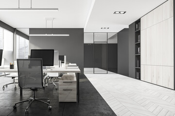 Dark office room interior with panoramic window with Singapore view