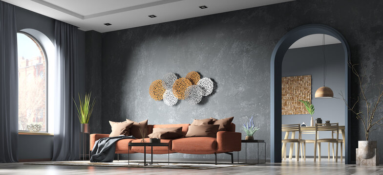 Modern interior of living room with orange sofa, flat with black concrete stucco wall and arch door, home design 3d rendering