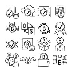 Cryptocurrency outline icons set collection.Security data transfer. Bitcoins icons.