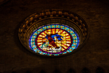Girona medieval city, stained glass windows inside the Cathedral, Costa Brava of Catalonia in the Mediterranean. Spain