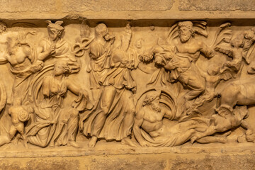 Girona medieval city, engravings inside the Basilica of San Felix, Costa Brava of Catalonia in the Mediterranean. Spain