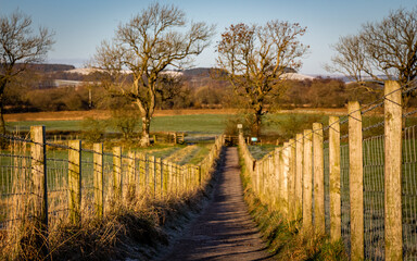Fototapeta premium A fenced trail through agricultural land in the Scottish countryside in winter