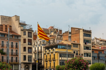 Girona medieval city, yellow elements and ties in solidarity with the political conflict, Catalonia's Costa Brava in the Mediterranean. Spain