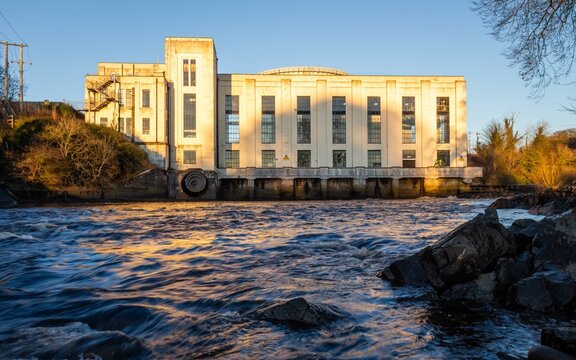 The River Dee at Tongland Power Station at sunset on a winters day
