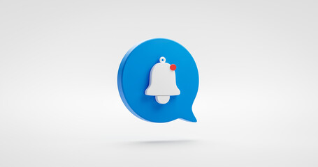Blue notification bell alarm icon or receive email attention sms sign and internet message illustration isolated on white background with web communication symbol element. 3D rendering. - obrazy, fototapety, plakaty
