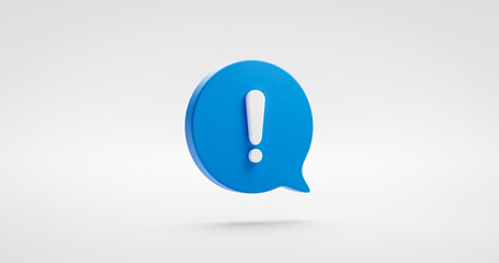 Blue exclamation icon sign or attention caution mark illustration graphic element symbol isolated on white background with warning problem error message button design concept. 3D rendering.