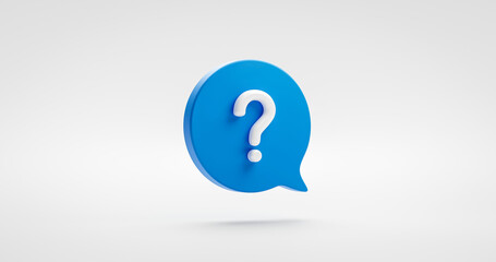 Blue question mark icon sign or ask faq answer solution and information support illustration business symbol isolated on white background with problem graphic idea or help concept. 3D rendering. - obrazy, fototapety, plakaty