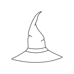 Fototapeta premium Witch hat vector illustration in doodle style. Hand drawn wizard cap for holiday Halloween. Black icon isolated on white background. Scary silhouette magician hat. Accessory for party on Halloween