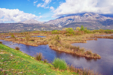 Beautiful wetland landscape. Montenegro. View of Tivat Salina on sunny spring day