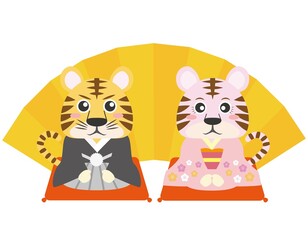 寅08（年賀状などに活用できる金屏風の前の着物を着た寅のペア）