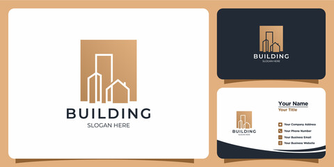 Minimalist building logo with line art style logo design and business card template