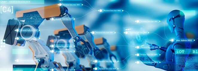 Engineer smart factory automated machine AR augmented reality technology futuristic industry technology 3D robot and robot arm control future industrial concept