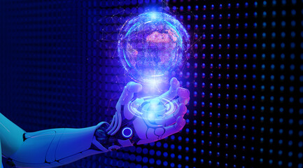 Fototapeta premium Digital marketing future smart world technology futuristic 3D robot hand on digital world cyber background. Modern big data business digital marketing strategy internet metaverse technology