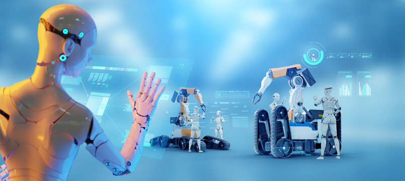 Engineer smart factory automated machine AR augmented reality technology futuristic industry technology 3D robot and robot arm control future industrial concept