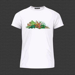 White T-shirt with coral reef and corals. Vector Illustration