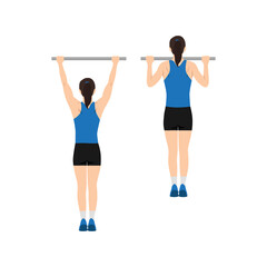 Fototapeta na wymiar Woman doing Pull up exercise. Flat vector illustration isolated on white background