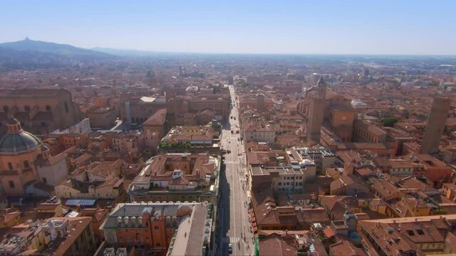 BOLOGNE, ITALY - Jul 04, 2019: The buildings and streets of old town Bologna in Italy from tower Asinelli - shot in 4K