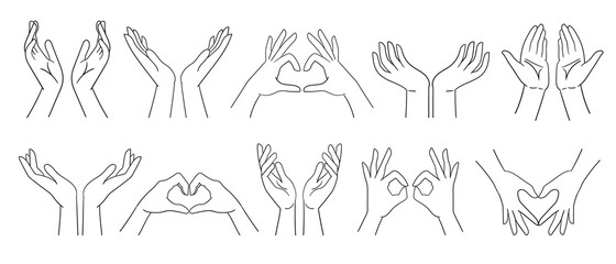 Designation of numbers with hands, gestures. Counting to five - hands. Vector illustration isolated on white. line art