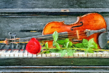 Painting of piano violin and red rose - obrazy, fototapety, plakaty
