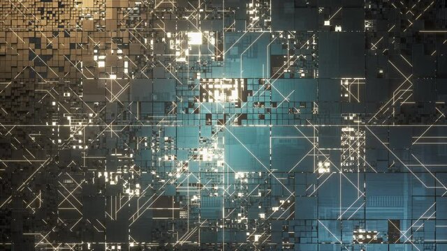 Circuits and cubes with dark background, 3d rendering.