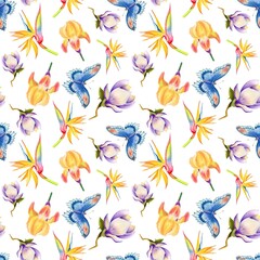 watercolor seamless pattern with tropical flowers and butterfly