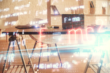 Double exposure of formulas drawing and office interior background. Concept of education.