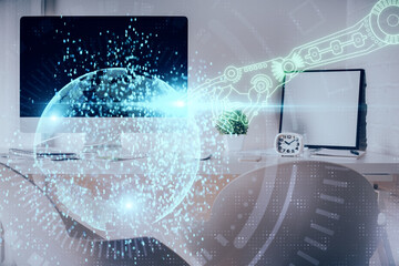 Multi exposure of data theme drawing and office interior background. Concept of technology.