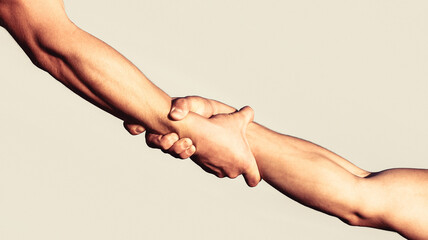 A friendly handshake. Two hands, shaking hands. Two hands, helping arm of a friend, teamwork....