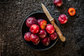 Macro Photo food fruit plums. Texture background of fresh plums.