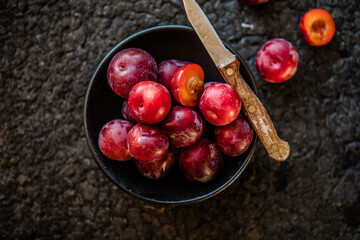 Macro Photo food fruit plums. Texture background of fresh plums.