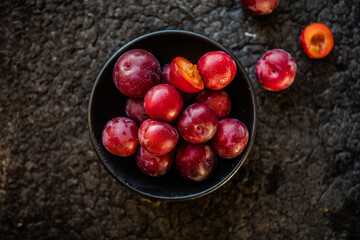 Macro Photo food fruit plums. Texture background of fresh plums.