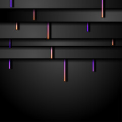 Black tech abstract background with violet orange neon laser lines. Glowing modern futuristic vector design