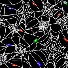 Spider web on black background. Halloween seamless pattern.