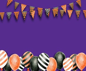 Happy Halloween Banner, Party Balloons. Illustration Halloween Decoration (Bunting Pennants, Balloons) with copy space