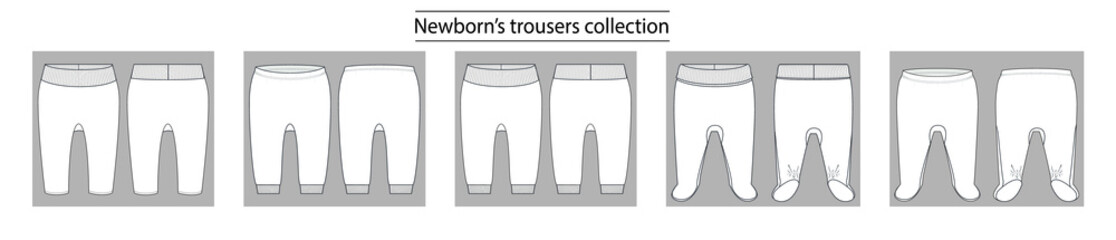 Newborn’s trousers collection basic set of technical sketches for babys