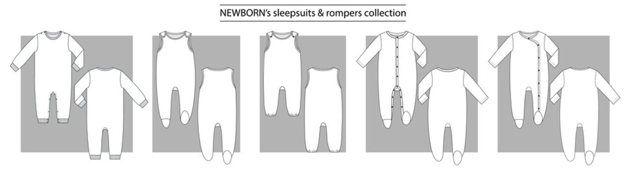 NEWBORN&rsquo;s sleepsuits & rompers collection basic set of technical sketches for babys