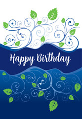 Blue happy birthday card swirls leaves