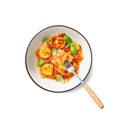 Homemade italian ravioli pasta, stuffed with spinach and ricotta ,served  with tomato sauce, parmesan cheese and fresh basil leaves . isolated on white background , top view