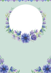 青い花の花束　水彩イラスト　くすみカラー　レトロな花柄　テンプレート　ベクター素材